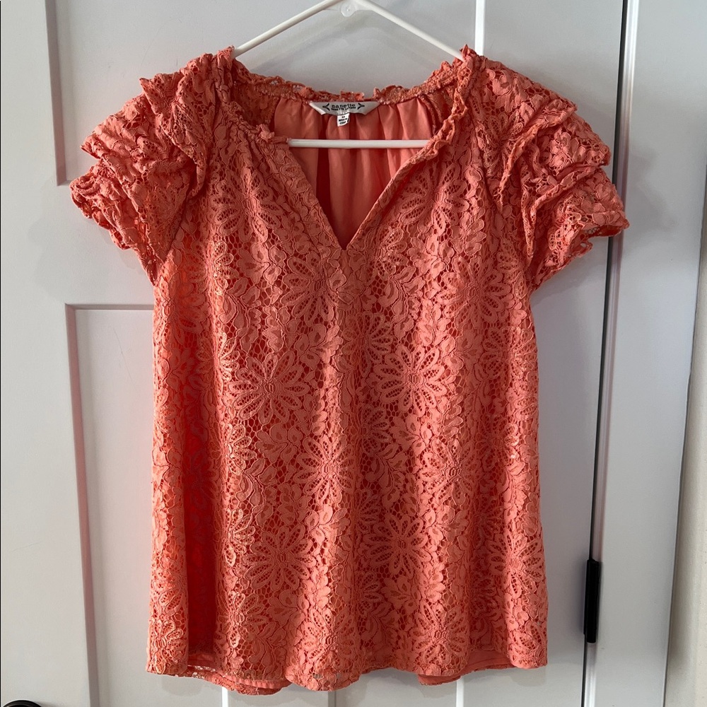 Nanette Lepore Lace Blouse Medium Coral Short Sleeve Feminine Top